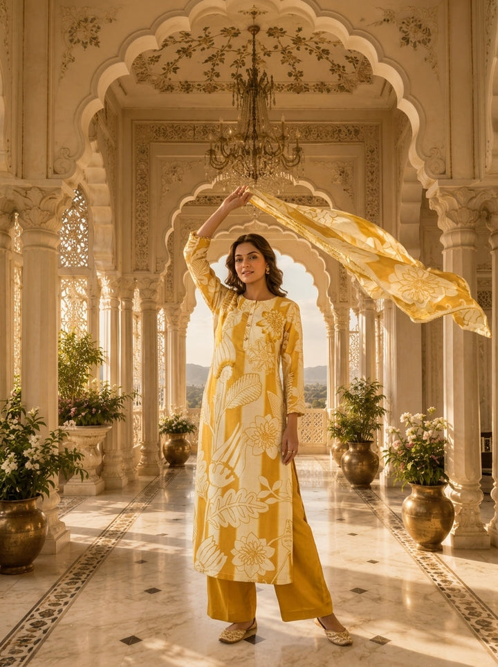 Golden And Cream Linen Floral Printed Three Piece Set