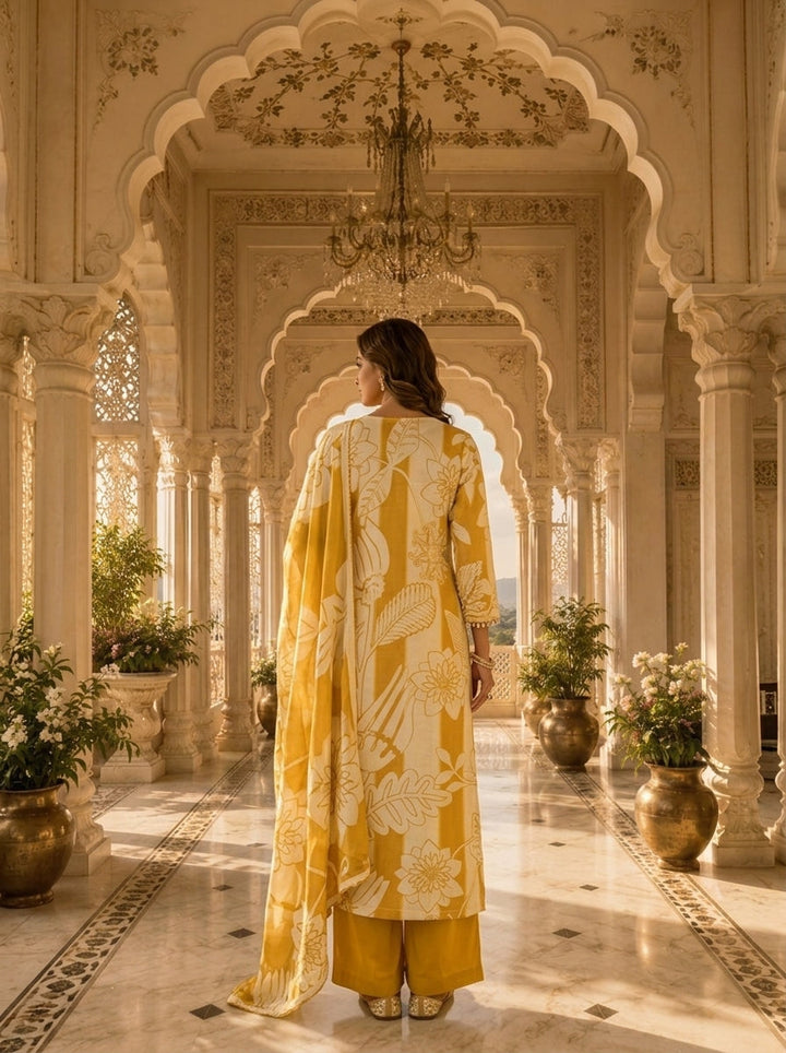 Golden And Cream Linen Floral Printed Three Piece Set