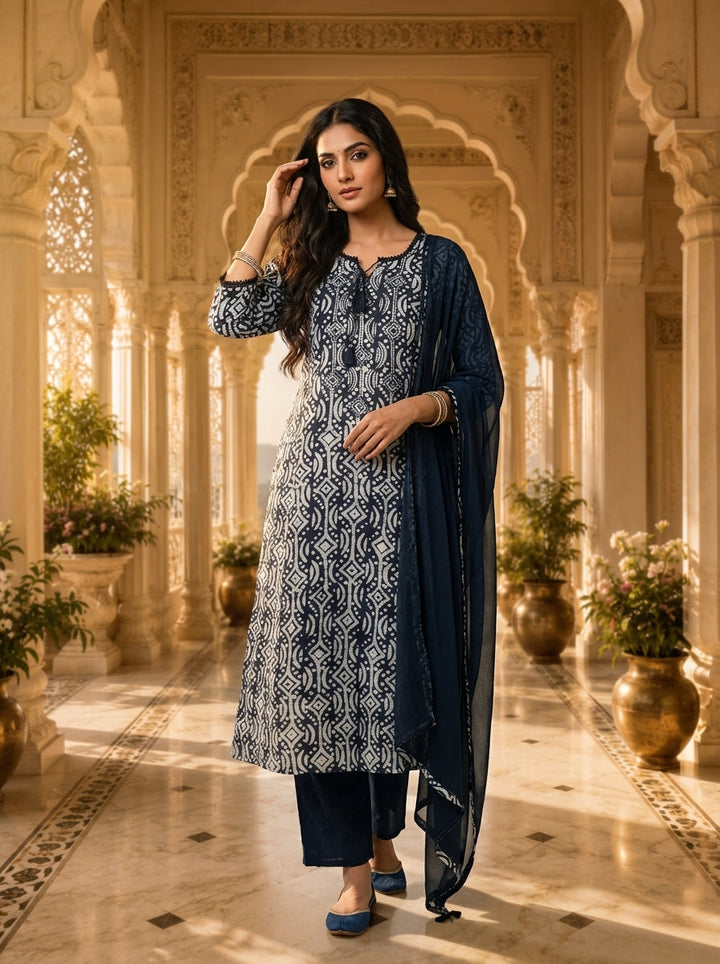 Navy Blue And White Organza Hand Block Printed Three Piece Set