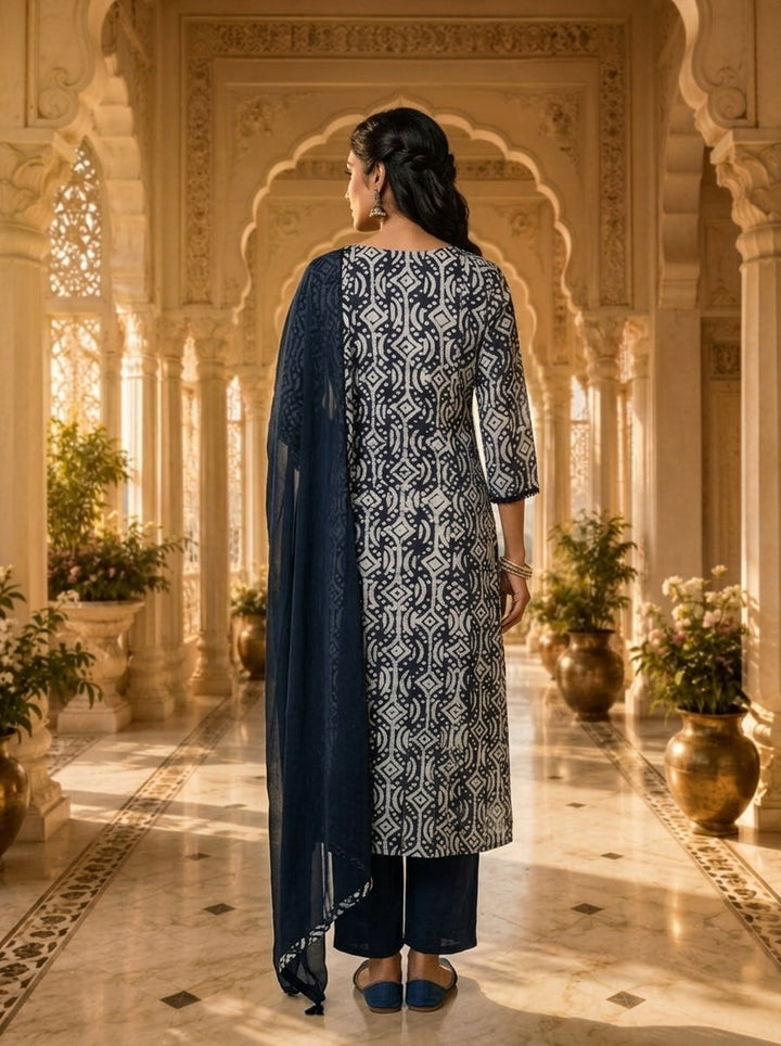 Navy Blue And White Organza Hand Block Printed Three Piece Set