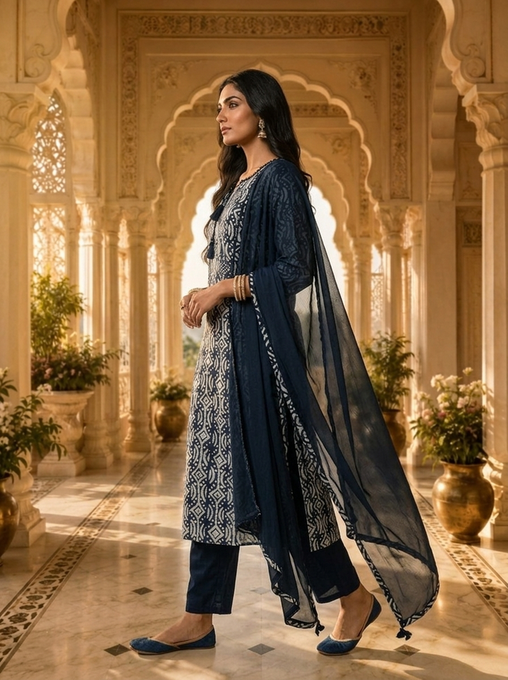 Navy Blue And White Organza Hand Block Printed Three Piece Set