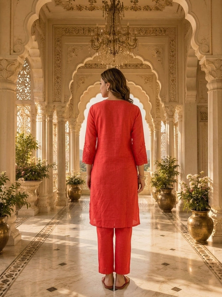 Red Linen Floral Embroidery Two Piece Set