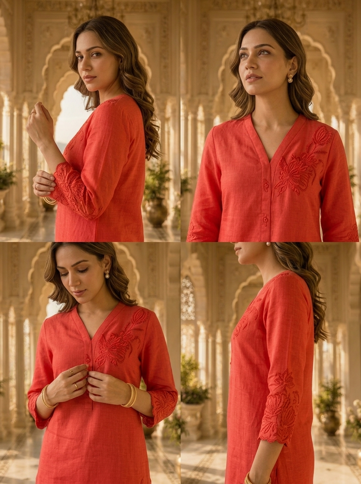 Red Linen Floral Embroidery Two Piece Set