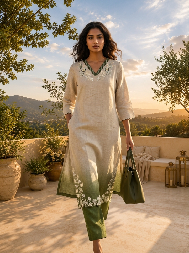Beige Linen Hand Embroidery Two Piece Set