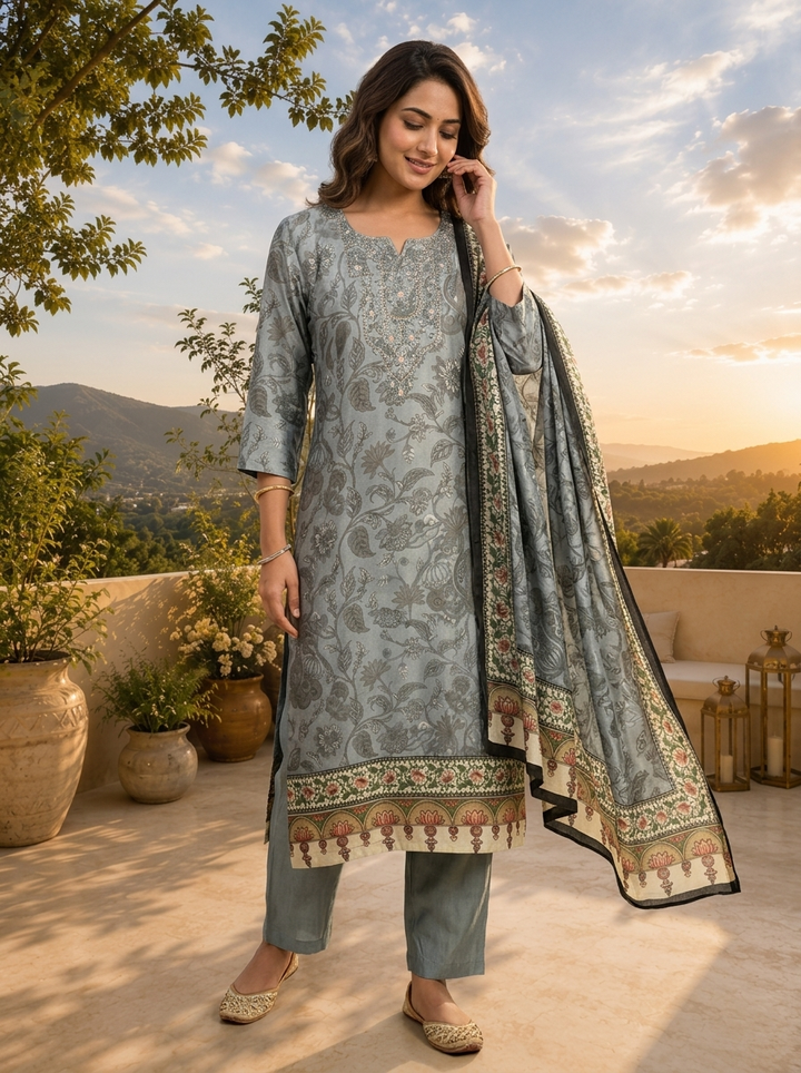 Grey Linen Tonal Floral Printed Three Piece Set