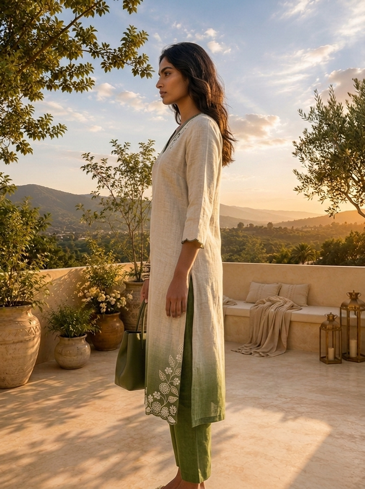 Beige Linen Hand Embroidery Two Piece Set