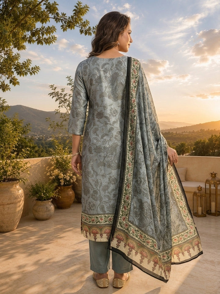 Grey Linen Tonal Floral Printed Three Piece Set