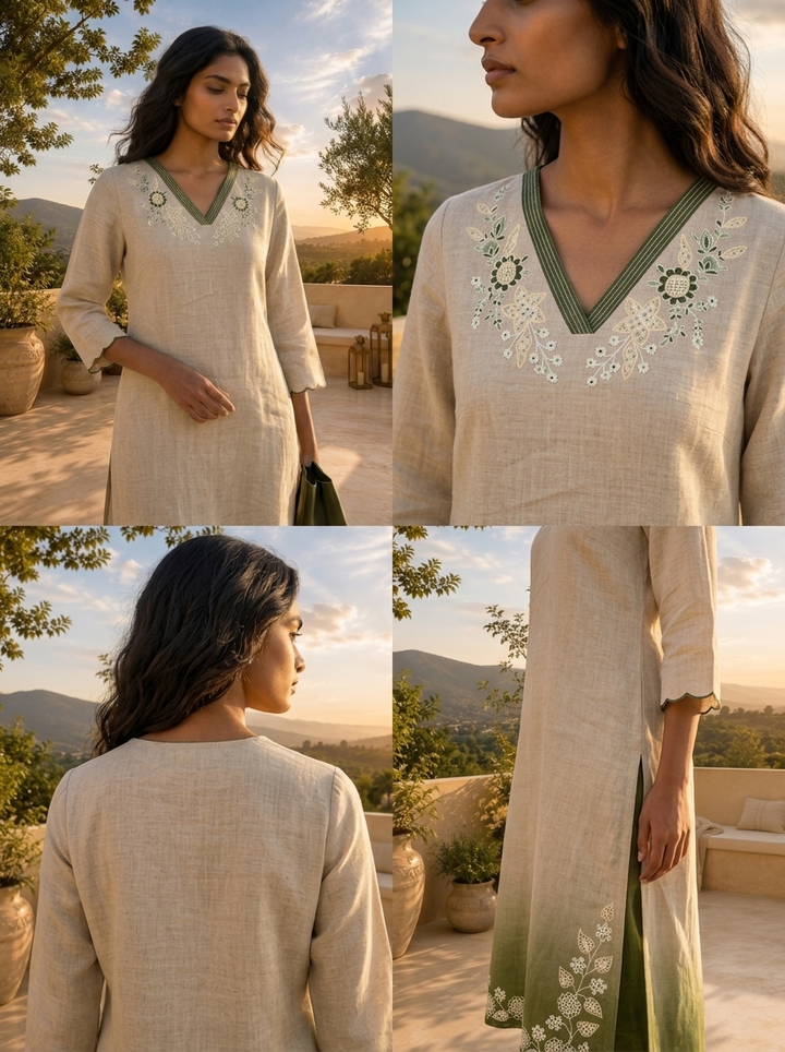 Beige Linen Hand Embroidery Two Piece Set