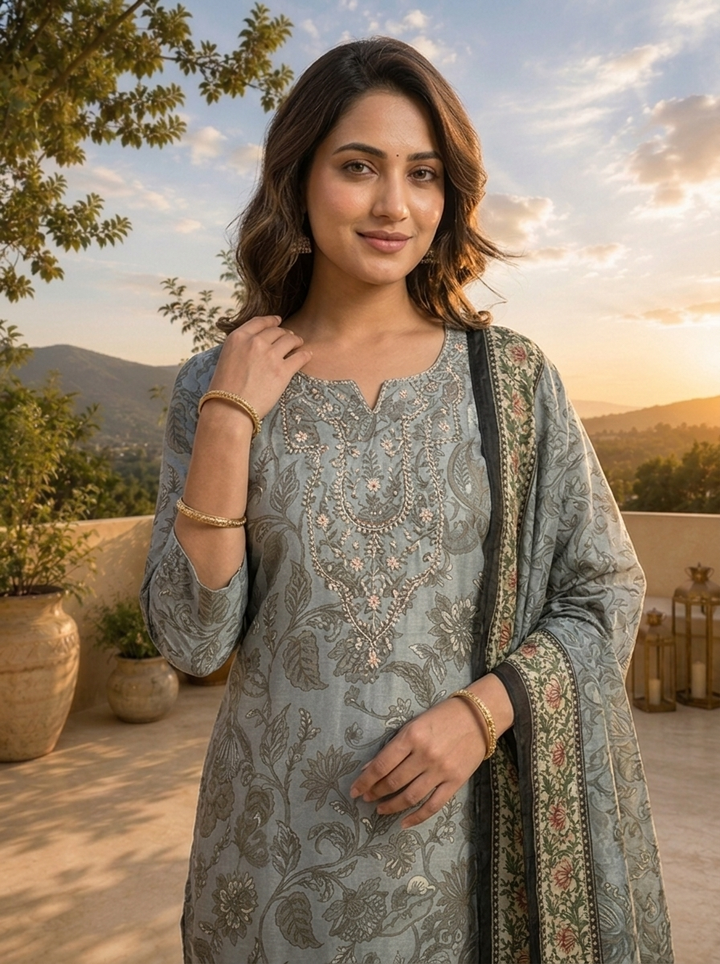 Grey Linen Tonal Floral Printed Three Piece Set