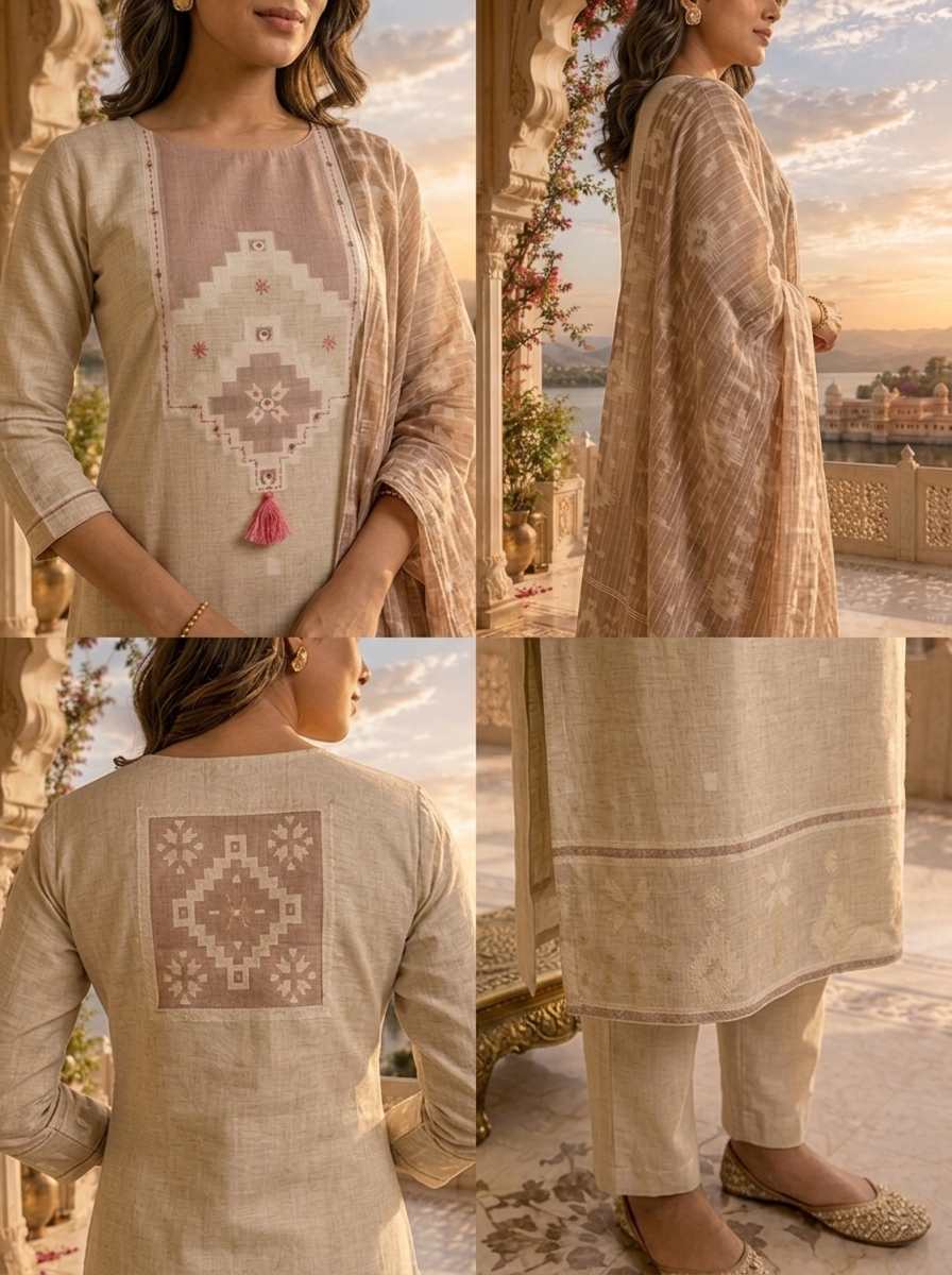 Beige Silk Geometric Printed Three Piece Set