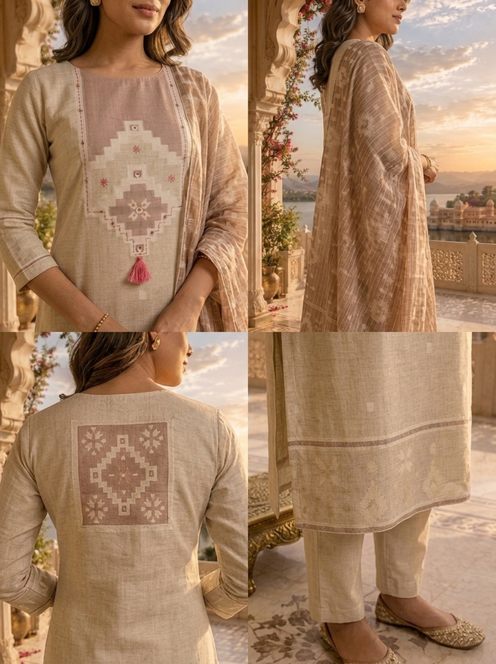 Beige Silk Geometric Printed Three Piece Set