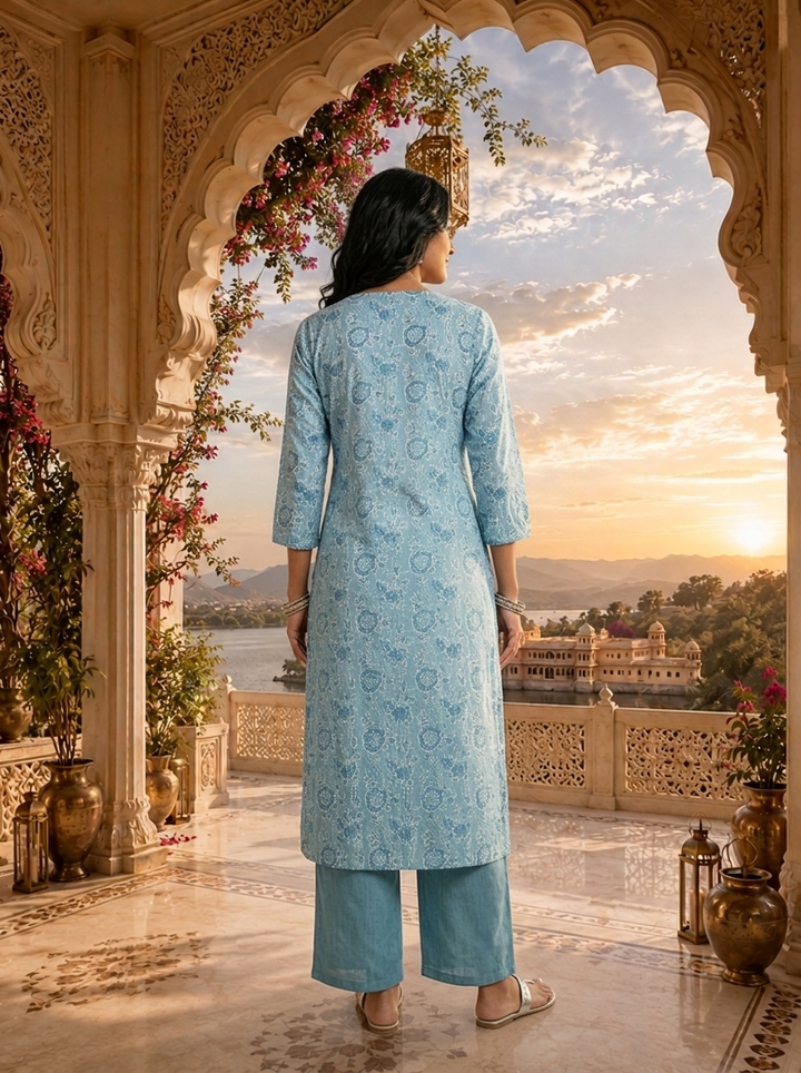 Light Blue Linen Block Printed Two Piece Set