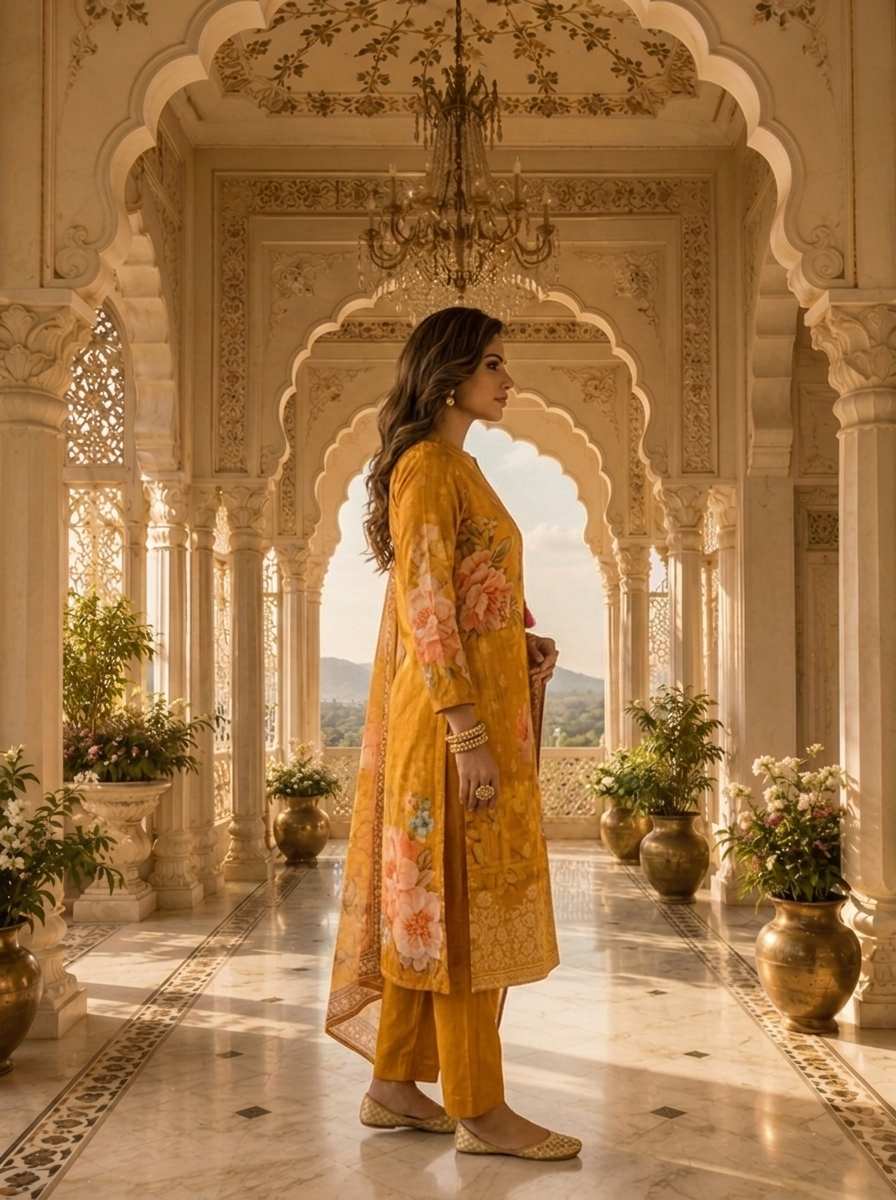 Golden Yellow Organza Floral Printed Three Piece Set