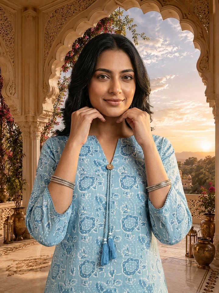 Light Blue Linen Block Printed Two Piece Set