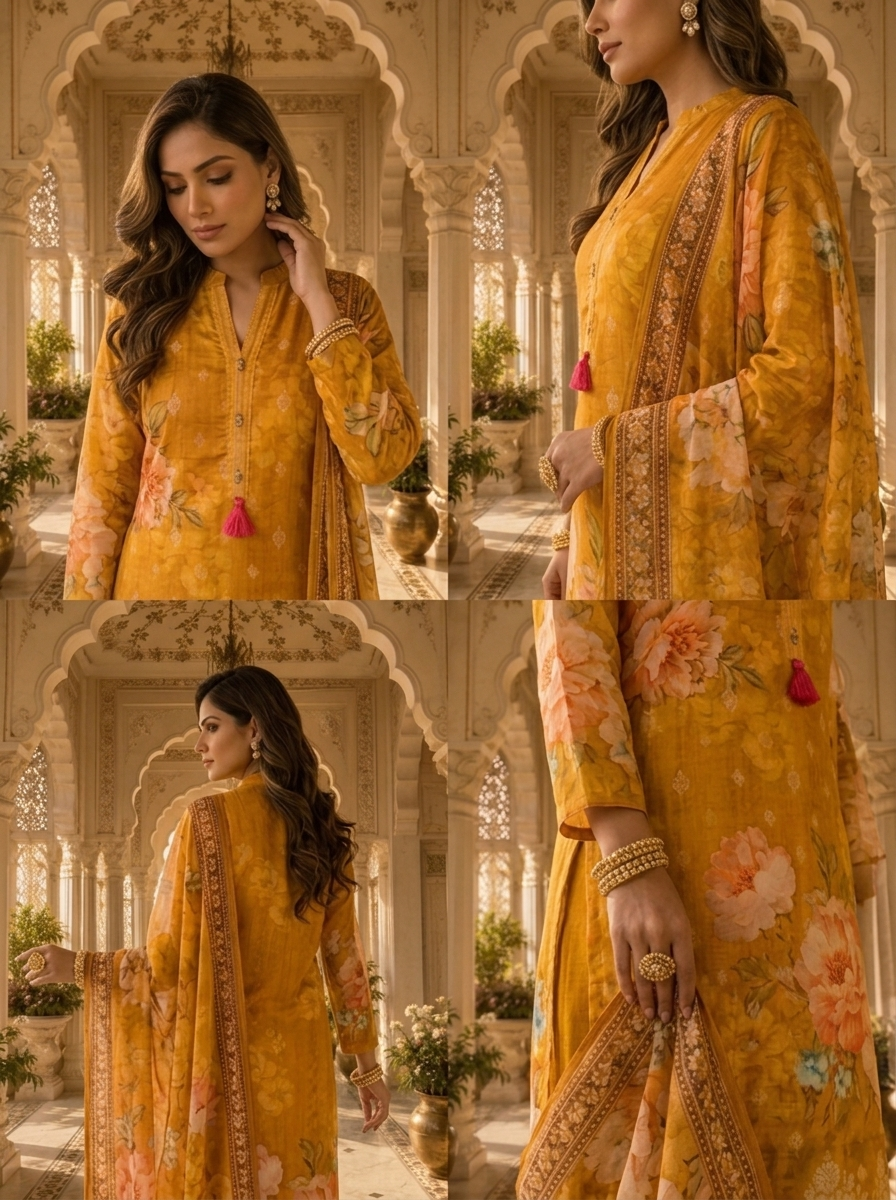Golden Yellow Organza Floral Printed Three Piece Set