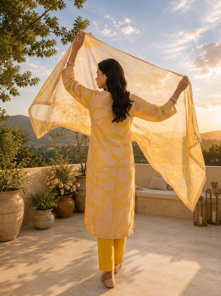 Mustard Rayon Abstract Floral Motifs Printed Three Piece Set