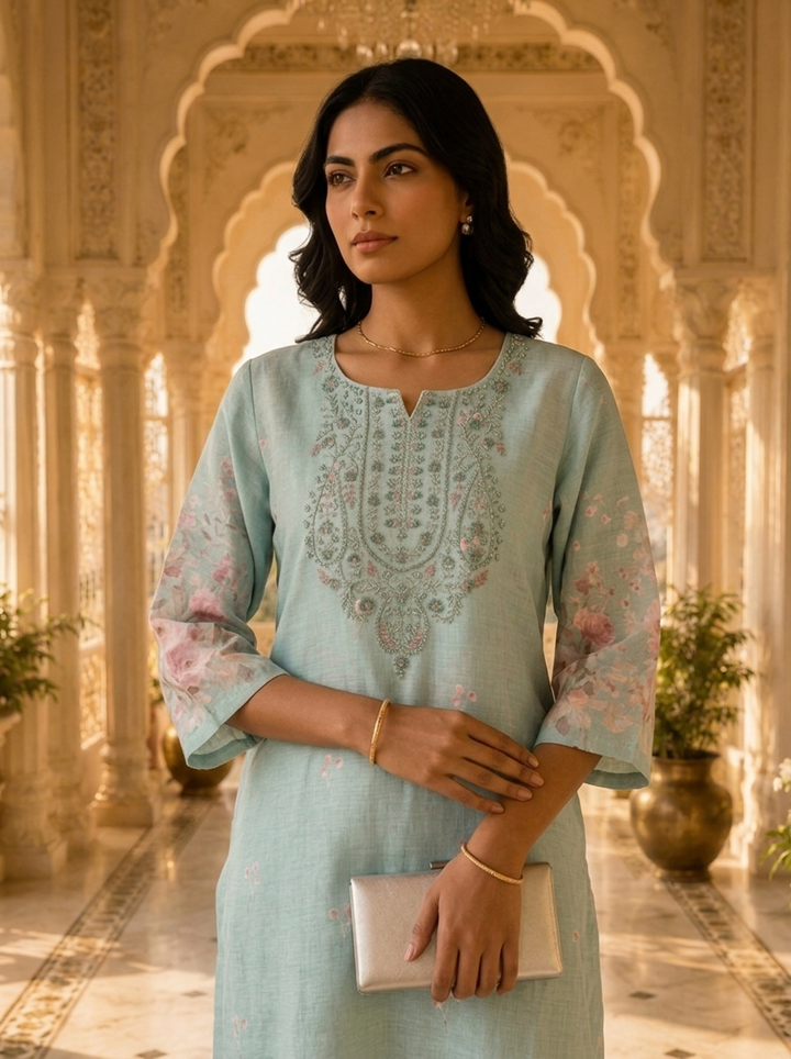 Blue Linen Floral Printed Two Piece Set