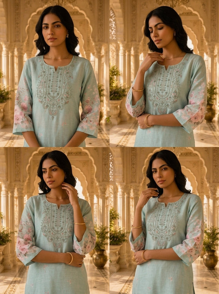 Blue Linen Floral Printed Two Piece Set