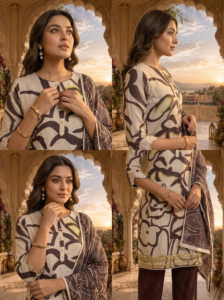 Coffee Brown Floral Printed Three Piece Set