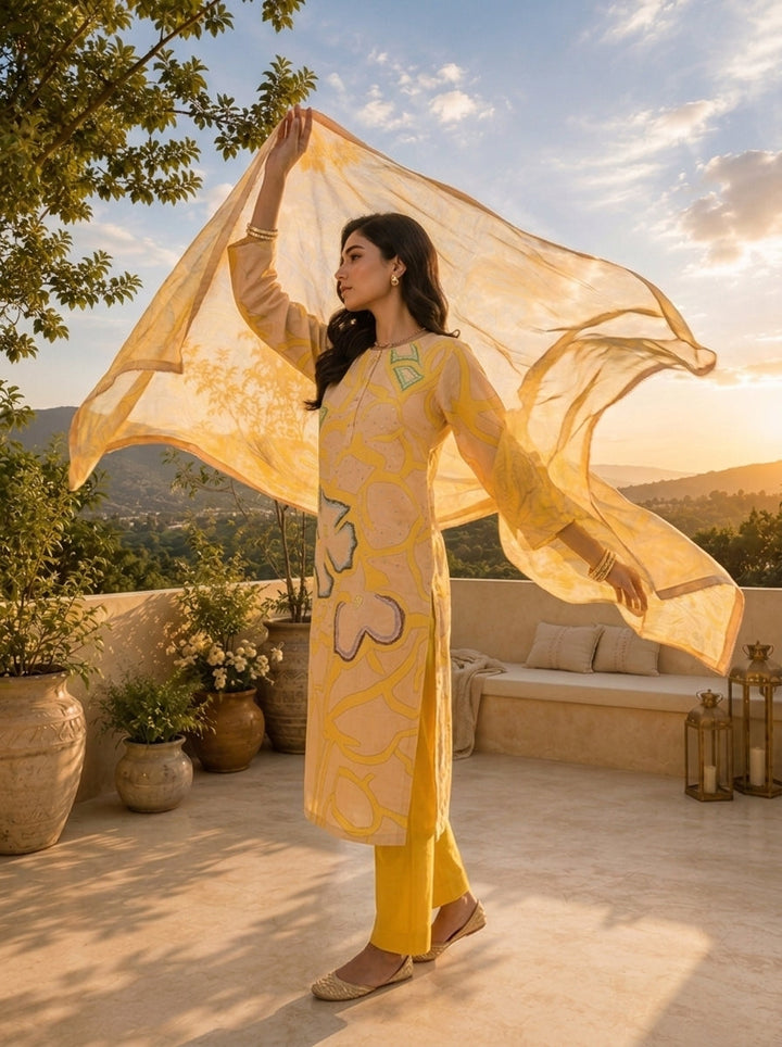 Mustard Rayon Abstract Floral Motifs Printed Three Piece Set