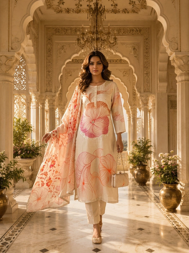 Off White And Orange Rayon Floral Printed Three Piece Set