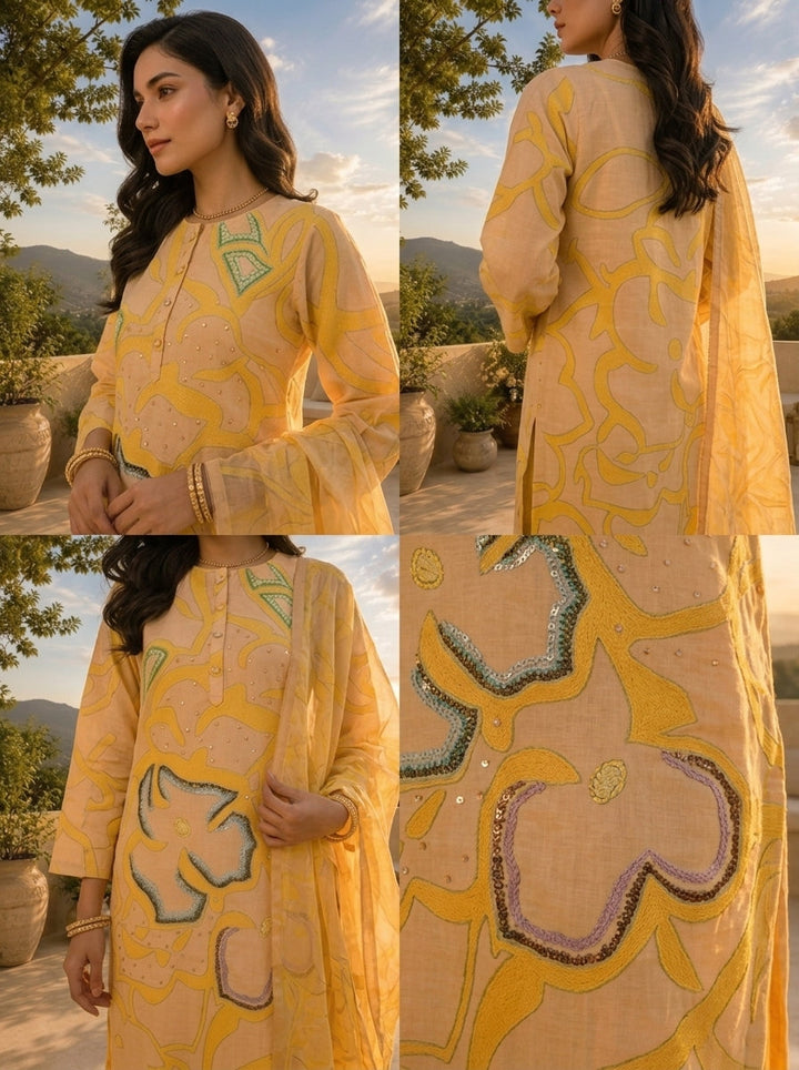 Mustard Rayon Abstract Floral Motifs Printed Three Piece Set