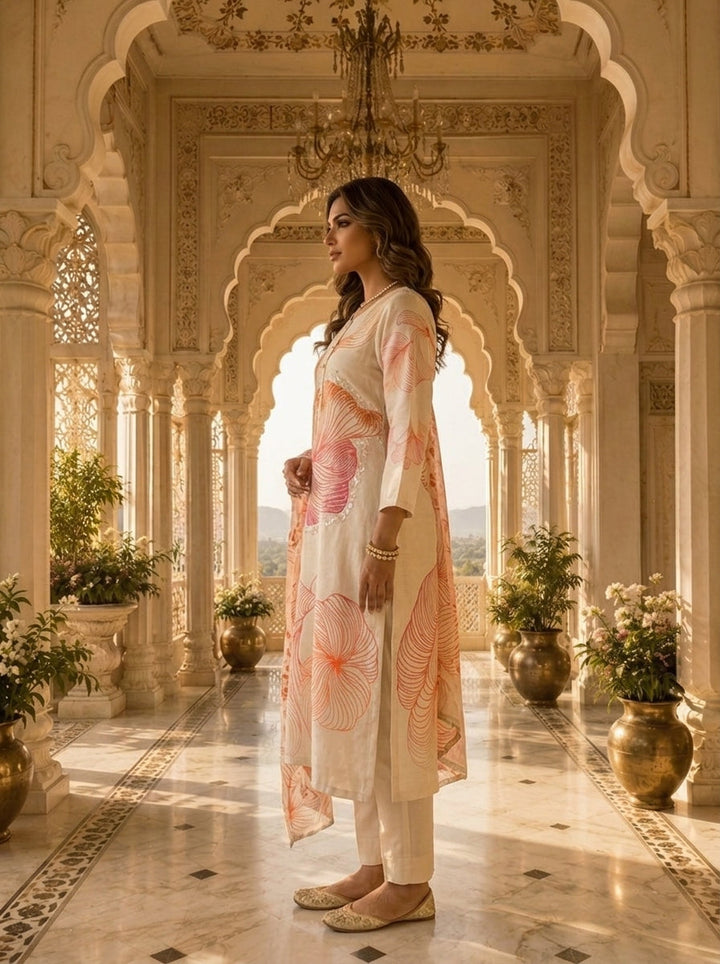 Off White And Orange Rayon Floral Printed Three Piece Set