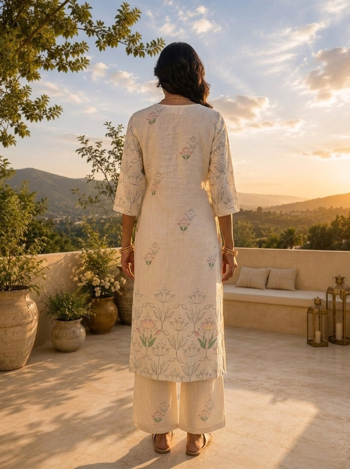 Cream Linen Art Floral Printed Two Piece Set