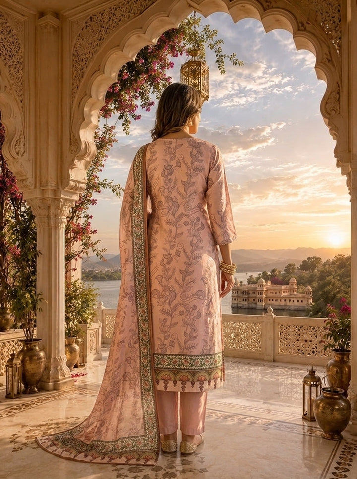 Peach Linen Tonal Floral Printed Three Piece Set