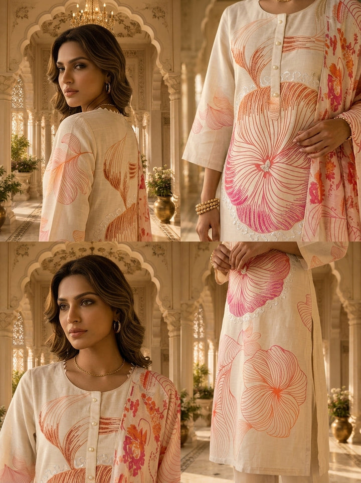 Off White And Orange Rayon Floral Printed Three Piece Set