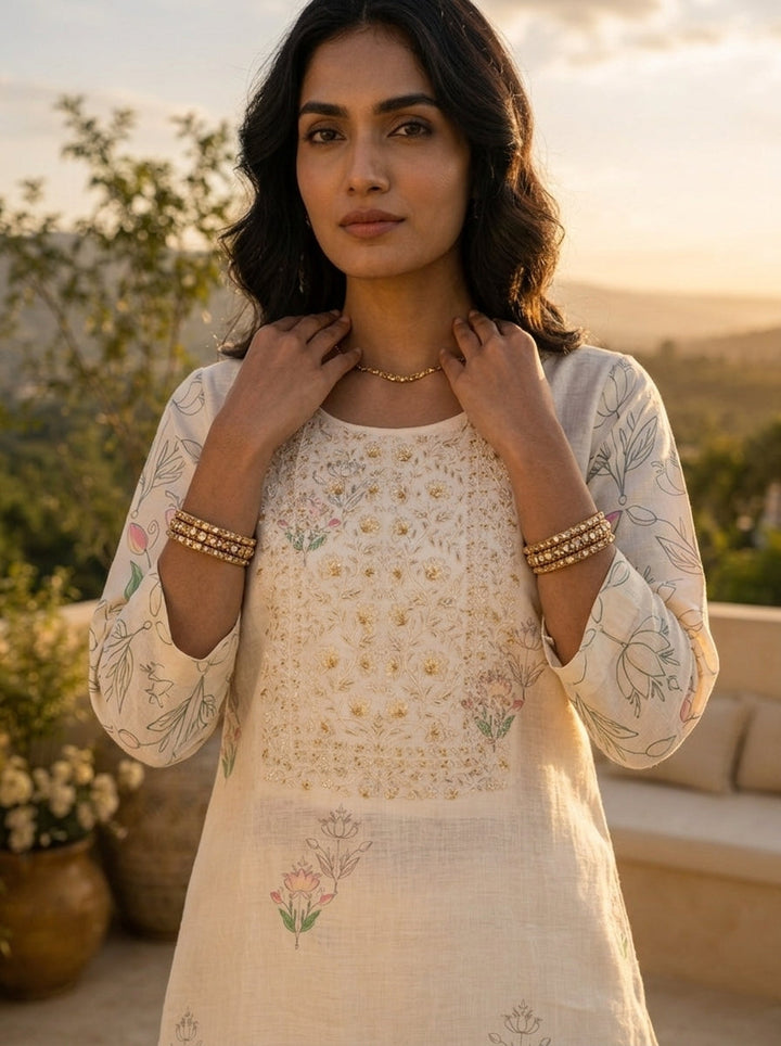 Cream Linen Art Floral Printed Two Piece Set