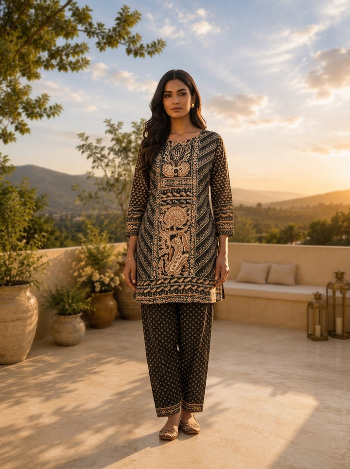 Black Silk Geometric Printed Two Piece Set
