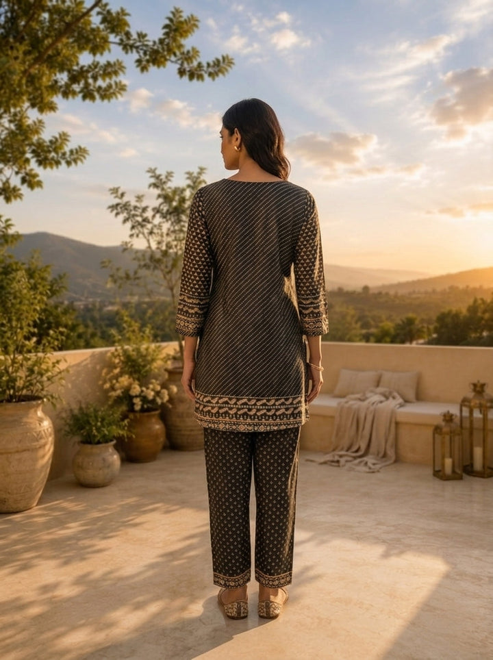 Black Silk Geometric Printed Two Piece Set