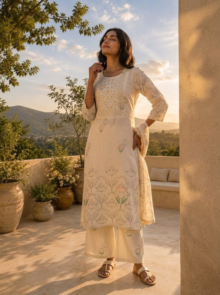 Cream Linen Art Floral Printed Two Piece Set