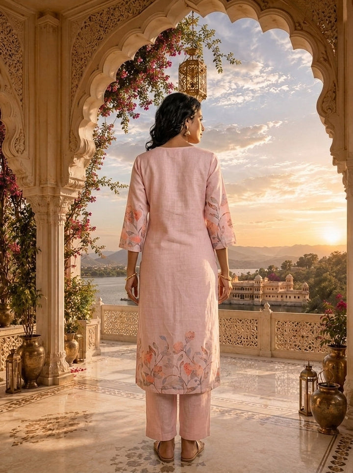 Pastel Pink Linen Floral Printed Two Piece Set