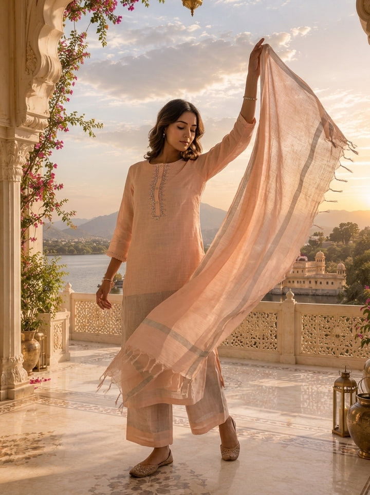 Baby Pink Linen Elegant Solid Design Three Piece Set