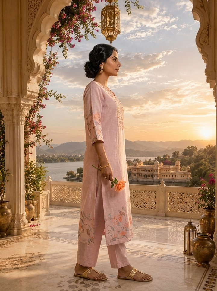 Pastel Pink Linen Floral Printed Two Piece Set