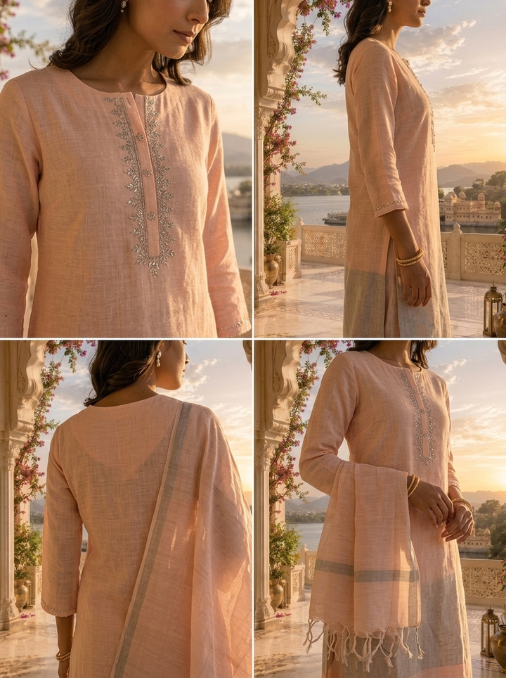 Baby Pink Linen Elegant Solid Design Three Piece Set