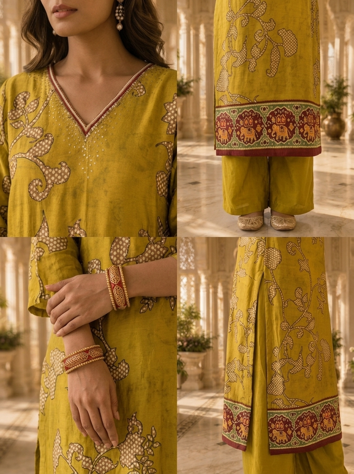 Mehadi Green Linen Floral HandPrinted Two Piece Set