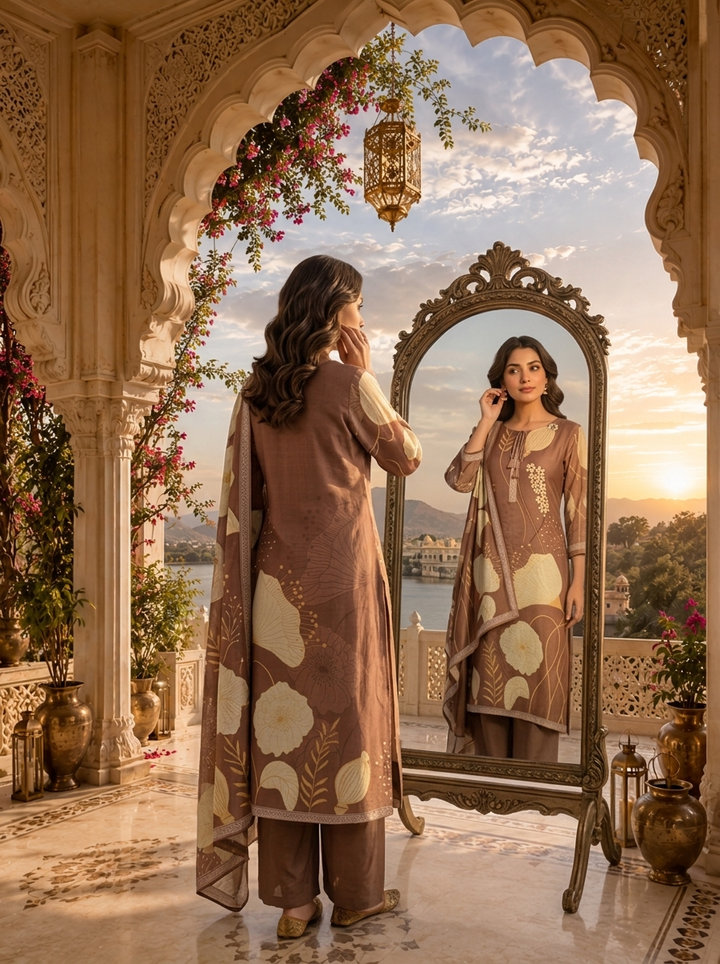 Brown Muslin Botanical Printed Three Piece Set