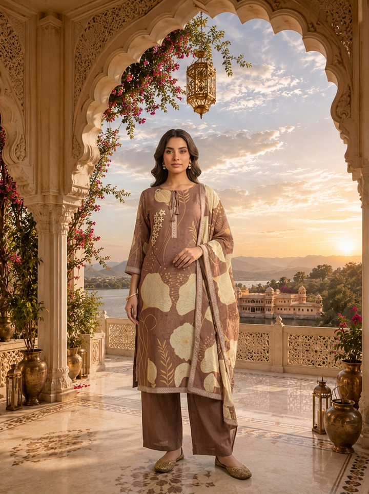 Brown Muslin Botanical Printed Three Piece Set