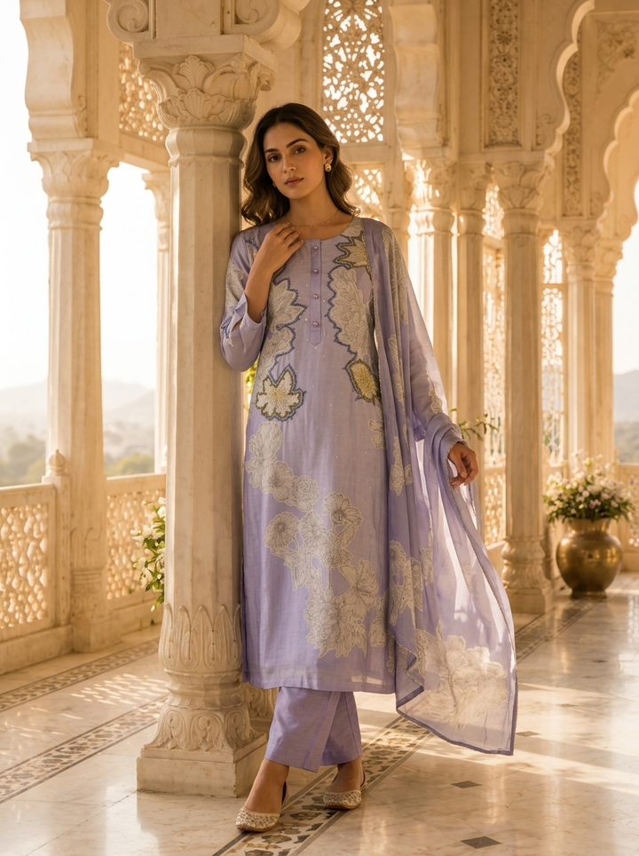 Lavender Muslin Floral Printed Three Piece Set