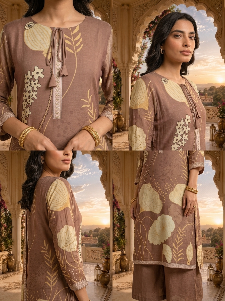 Brown Muslin Botanical Printed Three Piece Set
