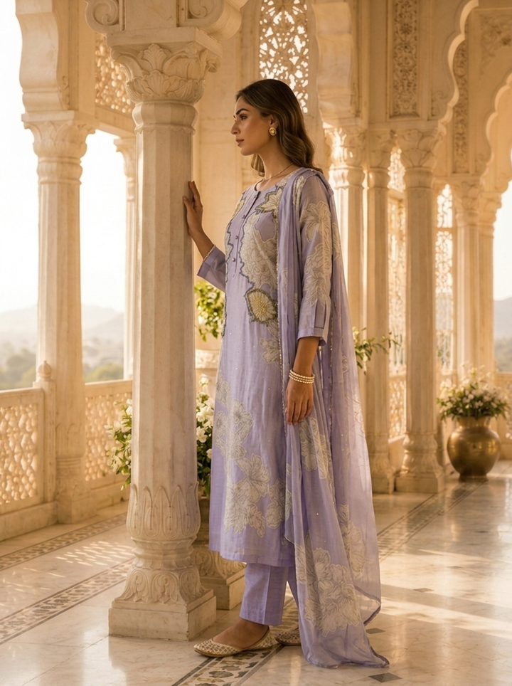 Lavender Muslin Floral Printed Three Piece Set
