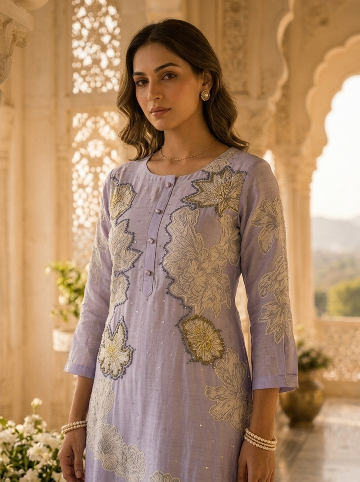 Lavender Muslin Floral Printed Three Piece Set