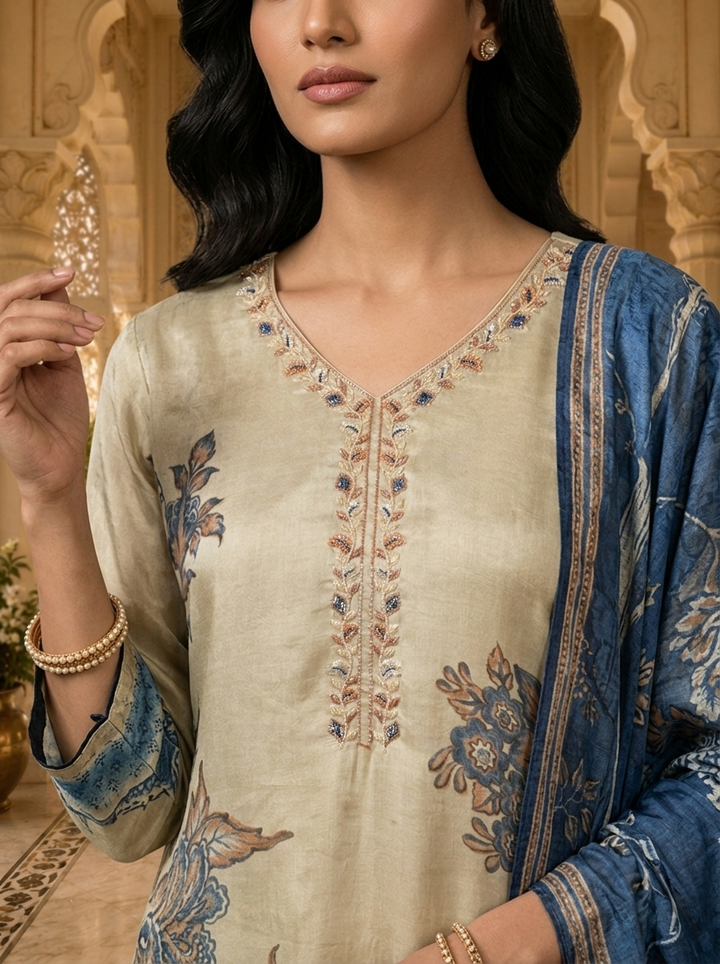 Tussar Crepe Floral Printed Three Piece Set