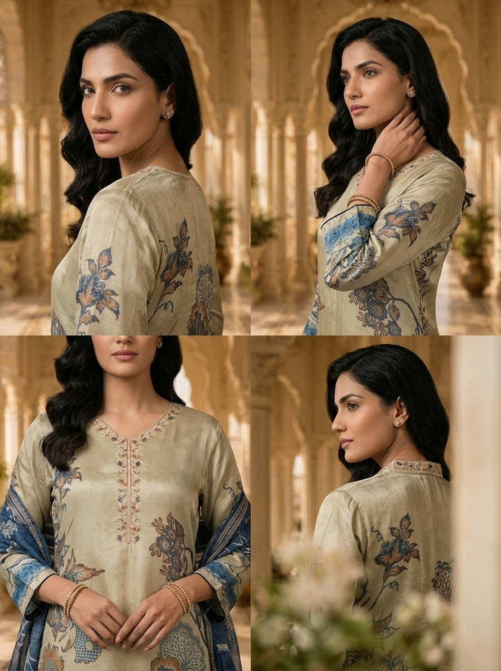 Tussar Crepe Floral Printed Three Piece Set