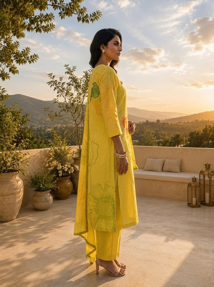 Lime Green Silk Three Piece Set With Printed Motif