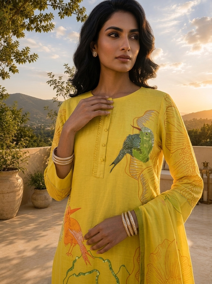 Lime Green Silk Three Piece Set With Printed Motif