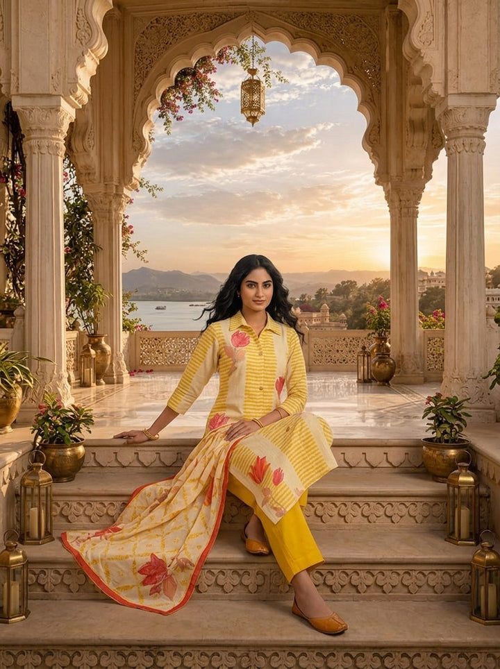 Cream And Mustard Linen Striped Floral Printed Three Piece Set